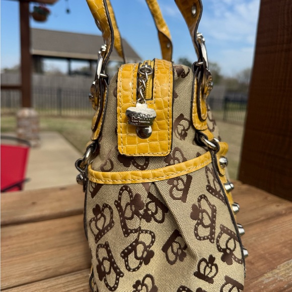 EUC Kathy Van Zeeland Vintage Yellow And Canvas Crown Pattern Shoulder Bag - Picture 4 of 13